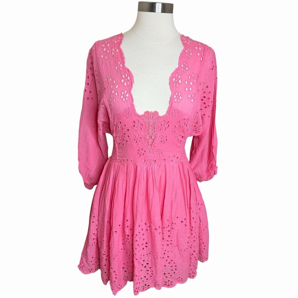 Free People One Lottie Mini Dress S Pink Cotton Eyelet Lace Up Back Cottagecore